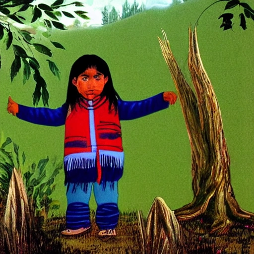 Curious Mapuche child eager to learn from nature. happy, lives in an environment surrounded by native forest in southern chile, , Cartoon