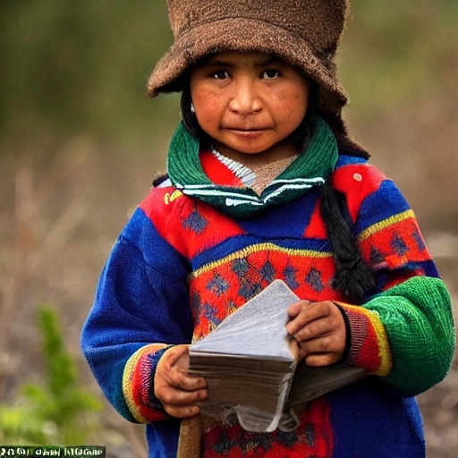 Curious Mapuche child eager to learn from nature. happy, lives in an environment surrounded by native forest in southern chile, , Cartoon