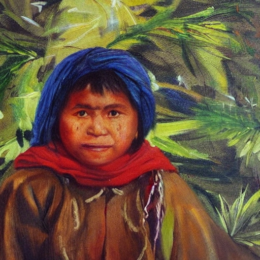 Curious Mapuche child eager to learn from nature. happy, lives in an environment surrounded by native forest, climbieng the montain, Oil Painting