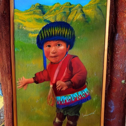 Curious Mapuche child eager to learn from nature. happy, lives in an environment surrounded by native forest, climbieng the montain, Oil Painting