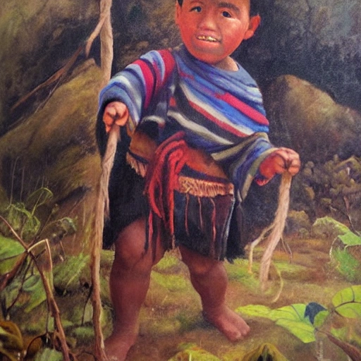 Curious Mapuche child eager to learn from nature. happy, lives in an environment surrounded by native forest, climbieng the montain, Oil Painting