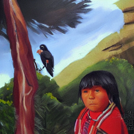 Mapuche child. lives in an environment surrounded by native forest, looking at a condor, Oil Painting