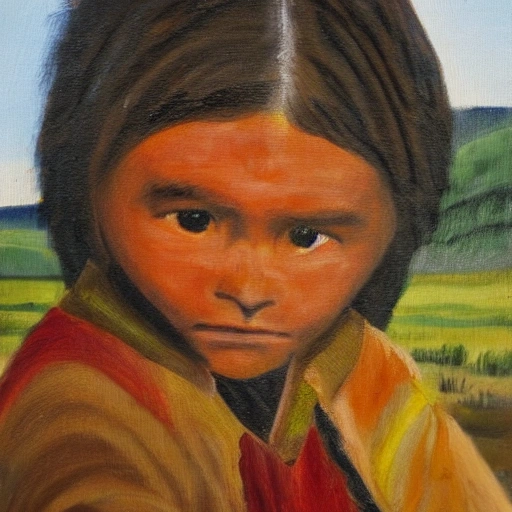 Mapuche child. lives in an environment surrounded by native forest, looking at a condor, Oil Painting