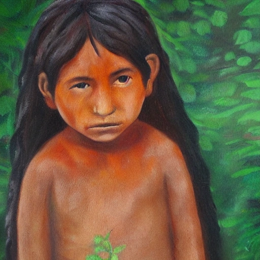 Mapuche child. lives in an environment surrounded by native forest, looking at a puma, Oil Painting