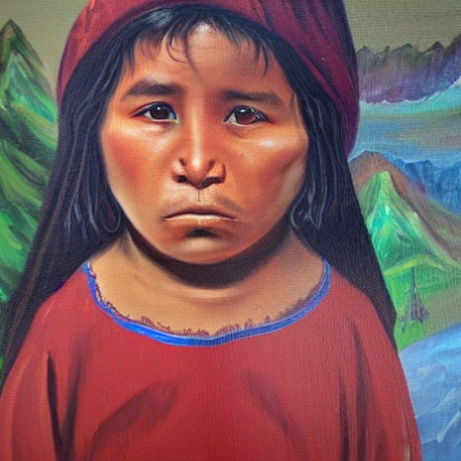 Mapuche child. lives in an environment surrounded by native forest, looking at a puma, Oil Painting