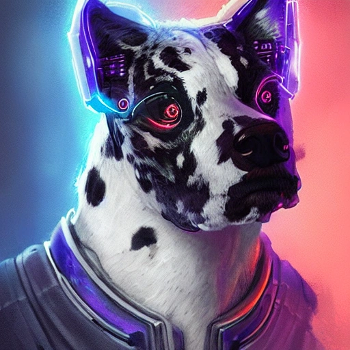 a beautiful portrait of a cute cyberpunk dalmata by greg rutkowski and wlop, purple blue color scheme, high key lighting, digital art, highly detailed, fine detail, intricate, ornate, complex 