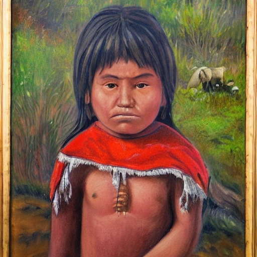 Mapuche child. lives in an environment surrounded by native forest, looking at a puma, Oil Painting