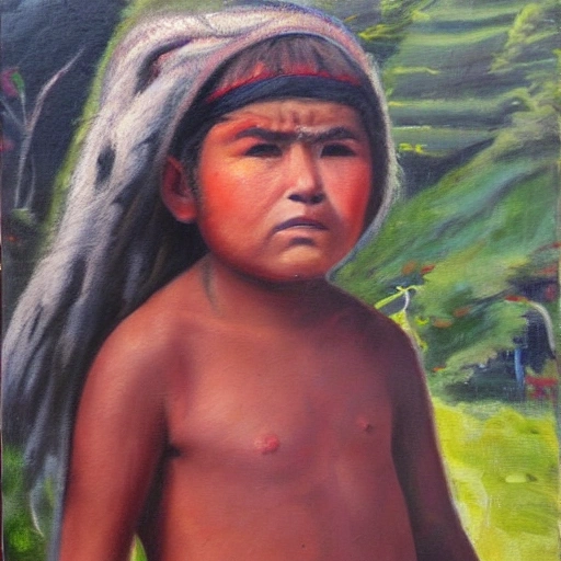 Mapuche child. lives in an environment surrounded by native forest, looking at a puma, Oil Painting