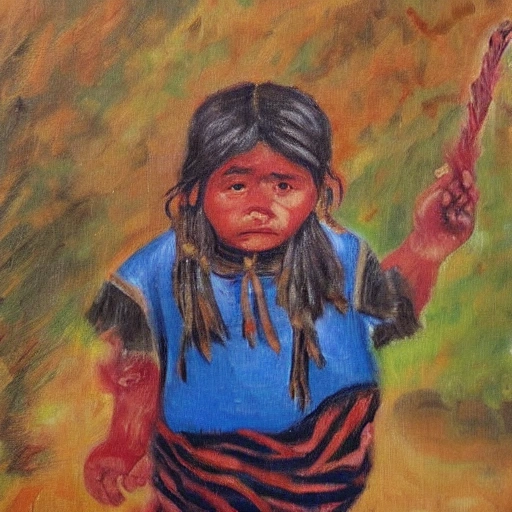 Mapuche child. lives in an environment surrounded by native forest, looking at a panter, Oil Painting