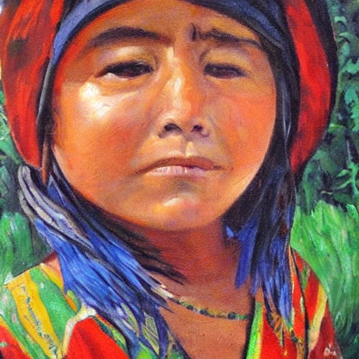 Mapuche child. lives in an environment surrounded by native forest, looking at a panter, Oil Painting