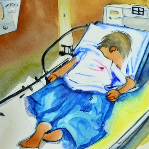 painting, sick child in hospital waiting for transplant , Water Color