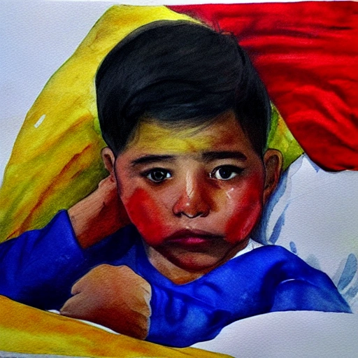 painting, sick boy in hospital bed with venezuela flag in background , Water Color