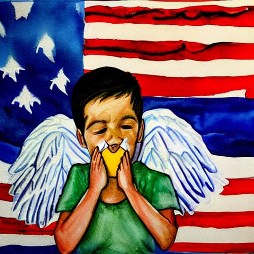 paintingpainting, sick boy with angel wings in hospital bed with venezuela flag in background, Water Color