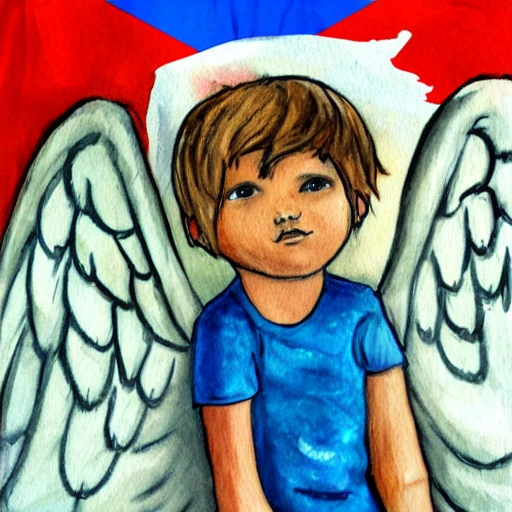 painting, sick boy with angel wings in hospital bed with venezuela flag in background, Water Color