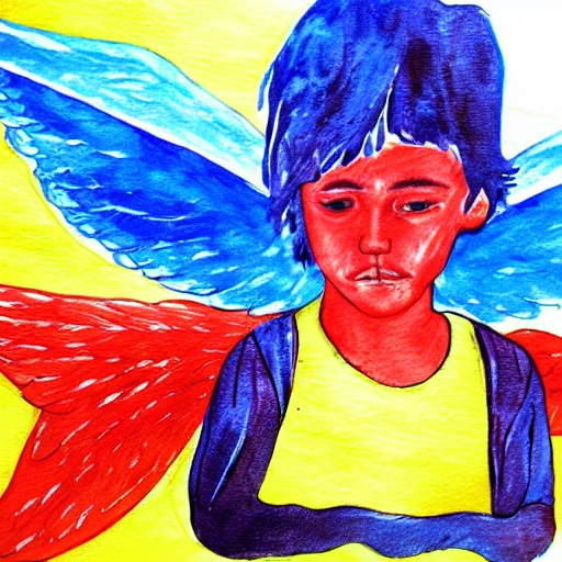 painting, sick boy with angel wings in yellow blue and red colors, Water Color