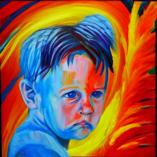 painting, sick boy with angel wings in yellow blue and red colors,  Oil Painting