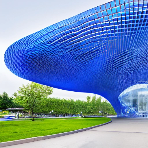  a photorealistic hyper realistic  4k photo of a parametric architecture museum in a park in blue trasparent glass color ,swirling façade, aeropuerto internacional de Harbin Taiping, long distance view, in horizontal parametric desing , trees and people, rainy day, parametric architecture, parametric art, tecnologicals trees, at dawn , 4k 
