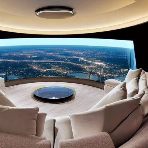 This luxurious living room on a space ship boasts a panoramic window that wraps around one entire wall, offering a stunning view of the earth and the stars beyond. The furniture is plush and inviting, with plush sofas and armchairs upholstered in soft, cream-colored fabric. A large, rectangular coffee table made of clear glass sits at the center of the room, and a few decorative pillows add pops of color. A few high-tech gadgets, such as a holographic display and a floating shelf, add a futuristic touch