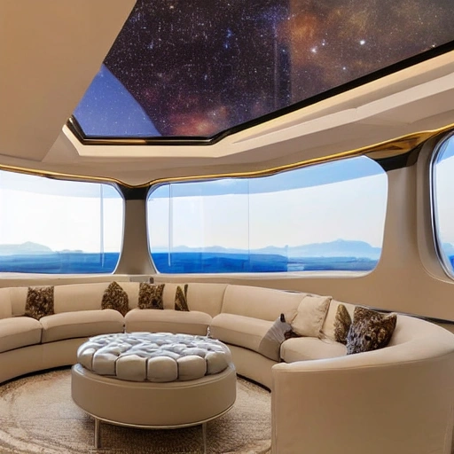 This luxurious living room on a space ship boasts a panoramic window that wraps around one entire wall, offering a stunning view of the earth and the stars beyond. The furniture is plush and inviting, with plush sofas and armchairs upholstered in soft, cream-colored fabric. A large, rectangular coffee table made of clear glass sits at the center of the room, and a few decorative pillows add pops of color. A few high-tech gadgets, such as a holographic display and a floating shelf, add a futuristic touch