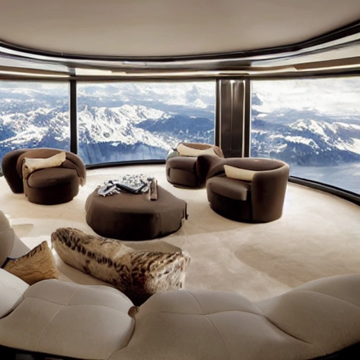 This luxurious living room on a space ship boasts a panoramic window that wraps around one entire wall, offering a stunning view of the earth and the stars beyond. The furniture is plush and inviting, with plush sofas and armchairs upholstered in soft, cream-colored fabric. A large, rectangular coffee table made of clear glass sits at the center of the room, and a few decorative pillows add pops of color. A few high-tech gadgets, such as a holographic display and a floating shelf, add a futuristic touch