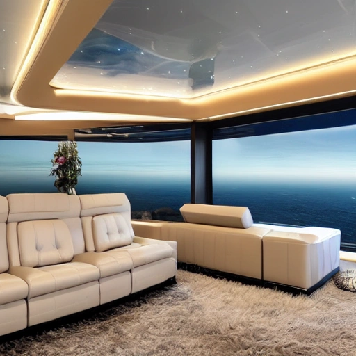 This luxurious living room on a space ship boasts a panoramic window that wraps around one entire wall, offering a stunning view of the stars beyond. The furniture is plush and inviting, with plush sofas and armchairs upholstered in soft, cream-colored fabric. A large, rectangular coffee table made of clear glass sits at the center of the room, and a few decorative pillows add pops of color. A few high-tech gadgets, such as a holographic display and a floating shelf, add a futuristic touch