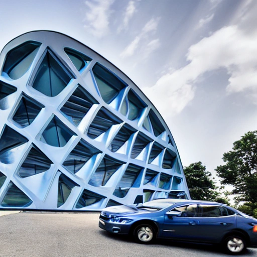 modern car showroom with parametric architecture and with blue and gray colors”.