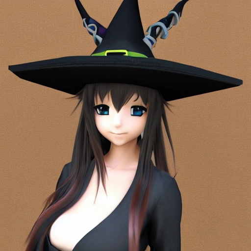 anime girl with witch hat , 3D