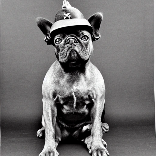 black french bulldog as soldier, helmet, rifle, bad mood, Trippy