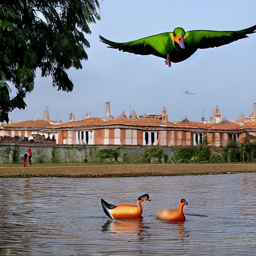 una escuela  encima de un pato volando