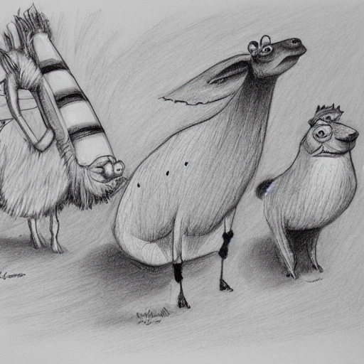 three cartoon characters a llama a condor and a toad, pencil sketch

