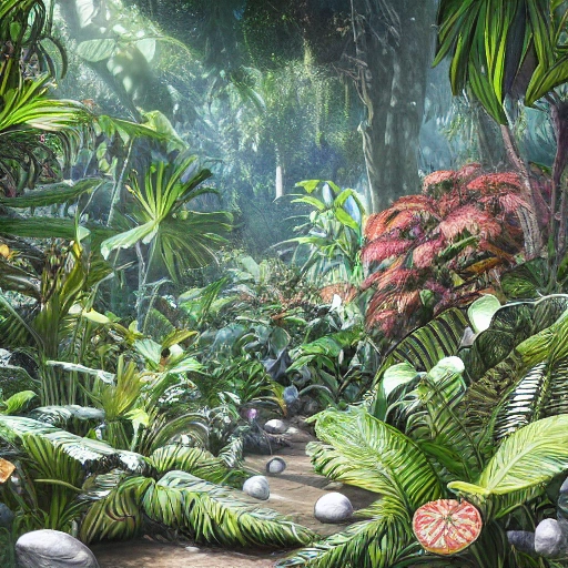 Digital illustration, detailed and intricate, of a tropical garden filled with exotic plants  and  small buterflies, the sunlight filtering through the canopy creating a dappled effect landing over a mound covered with spiral-shaped white pebbles. In the style of Yoshitaka Amano and Hayao Miyazaki, masterpiece, proportional, detailed, trending on artstation, beautiful lighting, realistic, intricate, award winning, 4k, highest quality