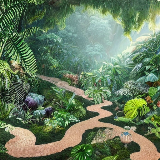 Digital illustration, detailed and intricate, of a tropical house garden filled with exotic plants  and  small buterflies, the sunlight filtering through the canopy creating a dappled effect landing over a mound covered with spiral-shaped white pebbles. In the style of Yoshitaka Amano and Hayao Miyazaki, masterpiece, proportional, detailed, trending on artstation, beautiful lighting, realistic, intricate, award winning, 4k, highest quality