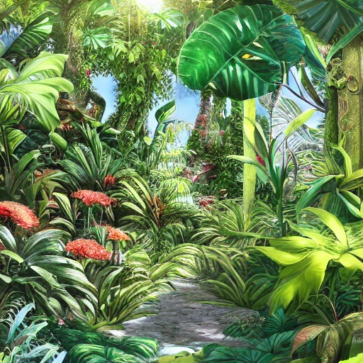 Digital illustration, detailed and intricate, of a tropical house garden with some exotic plants  and  small buterflies, low grass sunlight filtering through the canopy creating a dappled effect  In the style of Yoshitaka Amano and Hayao Miyazaki, masterpiece, proportional, detailed, trending on artstation, beautiful lighting, realistic, intricate, award winning, 4k, highest quality