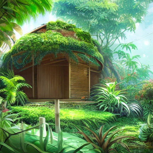 Digital illustration, hut surrounded by tropical garden with some exotic plants  and  small buterflies, low grass sunlight filtering through the canopy creating a dappled effect  In the style of Yoshitaka Amano and Hayao Miyazaki, masterpiece, proportional, detailed, trending on artstation, beautiful lighting, realistic, intricate, award winning, 8k, highest quality, Water Color