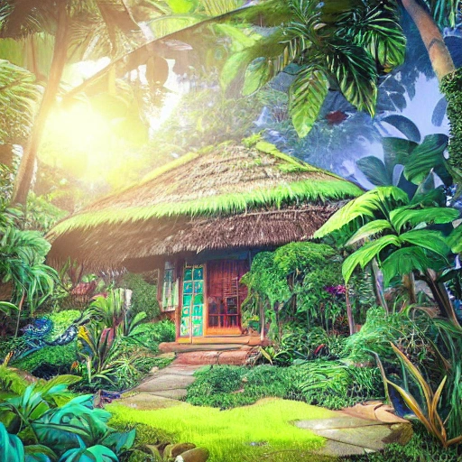 Digital illustration, hut bungalow surrounded by tropical garden with some exotic plants  and  small buterflies, low grass sunlight filtering through the canopy creating a dappled effect  In the style of Yoshitaka Amano and Hayao Miyazaki, masterpiece, proportional, detailed, trending on artstation, beautiful lighting, realistic, intricate, award winning, 8k, highest quality, 35mm