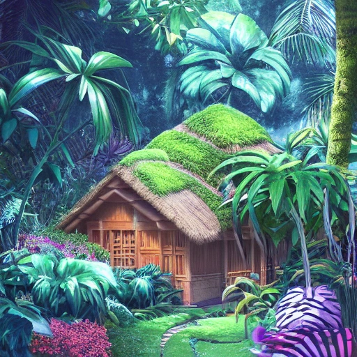 Digital illustration, hut bungalow surrounded by tropical garden with some exotic plants  and  small buterflies, low grass sunlight filtering through the canopy creating a dappled effect  In the style of Yoshitaka Amano and Hayao Miyazaki, masterpiece, proportional, detailed, trending on artstation, beautiful lighting, realistic, intricate, award winning, 8k, highest quality, 35mm, Pencil Sketch