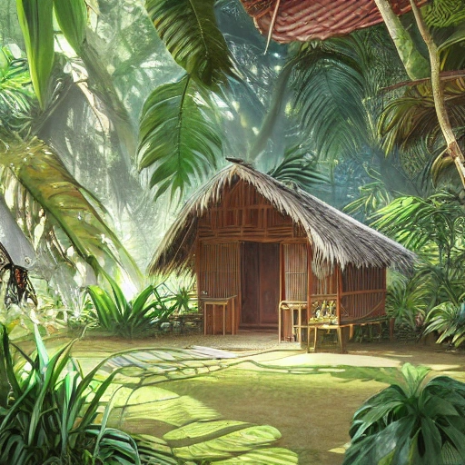 Digital illustration, hut bungalow surrounded by tropical garden with some exotic plants  and  small buterflies, low grass sunlight filtering through the canopy creating a dappled effect  In the style of Yoshitaka Amano and Hayao Miyazaki, masterpiece, proportional, detailed, trending on artstation, beautiful lighting, realistic, intricate, award winning, 8k, highest quality,  Pencil Sketch