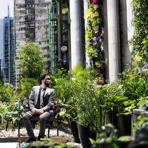 Hombre sentado en un trono con fondo de una ciudad futurista con muchas plantas, 3D