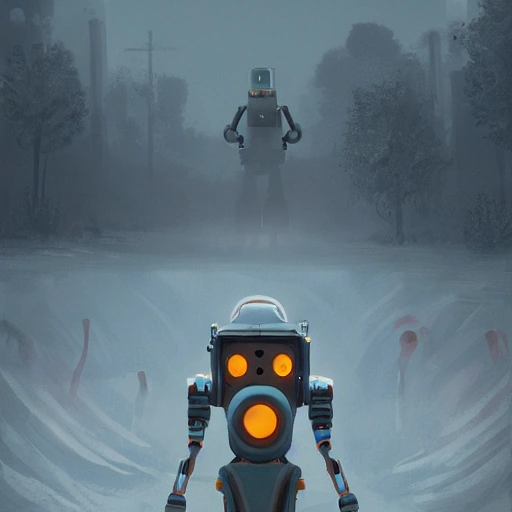 Award-winning 4K digital painting, in the style of Simon Stalenhag. Ultra detailed and intricate depiction of a robot and a girl wandering through a post-apocalyptic world, with beautiful lighting and a cinematic composition make this piece a true masterpiece, trending on artstation