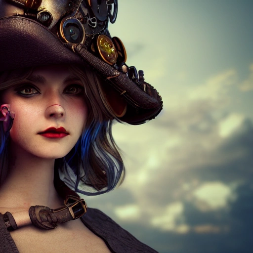 side close up portrait of 1 girl, steampunk, windblown long hair, detailed face, spotlight, steampunk city, multicolored, hyperrealistic, photografic, 8k, epic ambient light, octane render