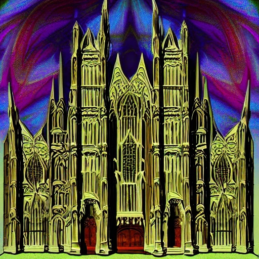 landscape of a huge frozen psychedelic gothic cathedral