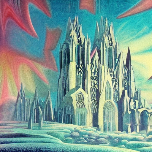 landscape futurist of a huge, frozen with waterfal ice , psychedelic gothic cathedral, Trippy