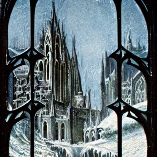 landscape & gothic cathedrale in a  futurist of a huge, frozen with waterfal ice 