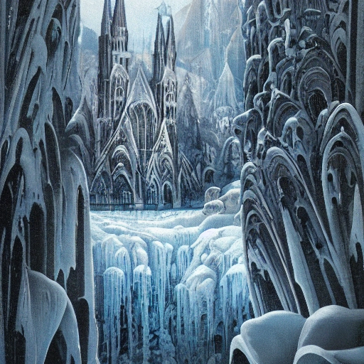 landscape & gothic cathedrale in a  futurist of a huge, frozen with waterfal ice 