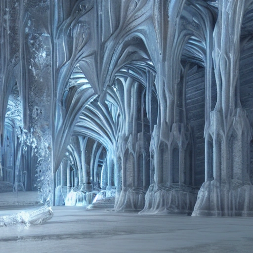 landscape & gothic cathedrale in a  futurist of a huge, frozen with waterfal ice , 3D