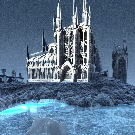 landscape & gothic cathedrale in a  futurist of a huge, frozen with waterfal ice , 3D, Cartoon