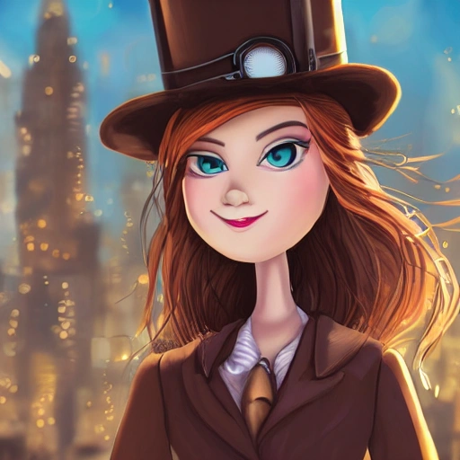 detailed, close up portrait of girl standing in a steampunk city with the wind blowing in her hair, cinematic warm color palette, spotlight, Cartoon