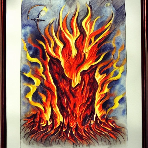drawing of dante's inferno, flames, fire, Water Color