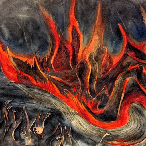 dante's inferno painting, flames, fire, screaming, horror, apocalypse, sharp lines, in 4k, Water Color