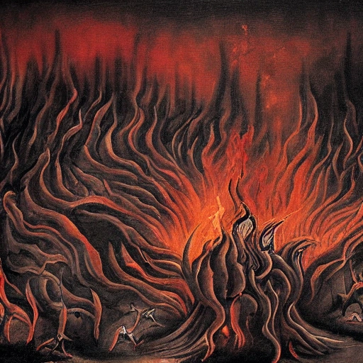 dante's inferno painting, flames, fire, screaming, horror, apocalypse, sharp lines, in 4k, , , Cartoon